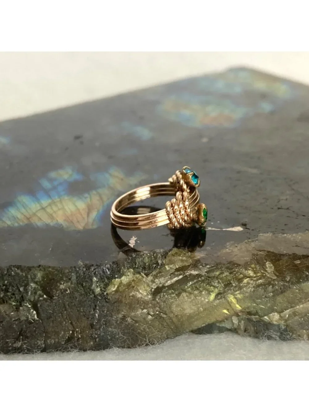 Brass Colored Wire wrapped Blue & Green Rhinestone Baby Ring Size <1